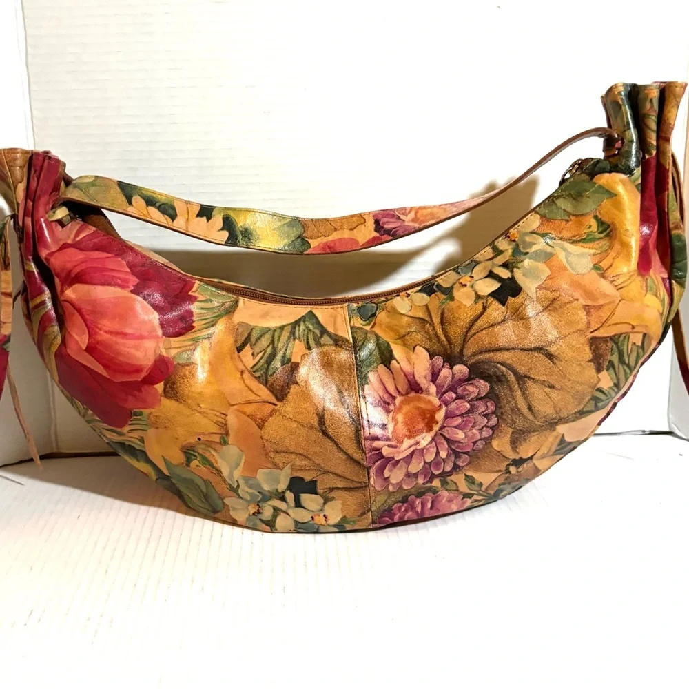 Floral Crescent Hobo Shoulder Bag in Multicolor Leather